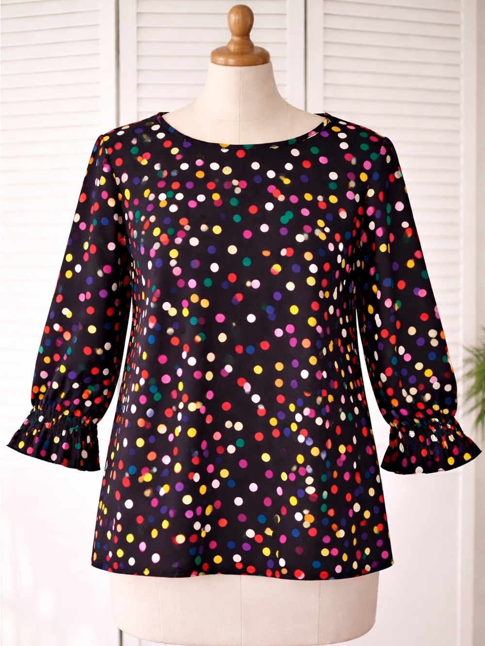 Black Top with Multicolored Polka Dots-3/4 Length Sleeve Top
